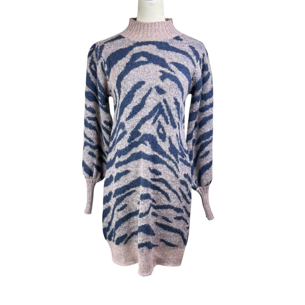 En Saison NWT Mares Wool Beige Navy Blue Animal Print Rib Knit Sweater Dress